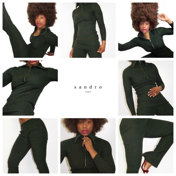 Sandro Paris 2-Piece Ribbed Knit Legging & Zip Collar Sweater Set, Green, Size 2 - Picture 4 of 13